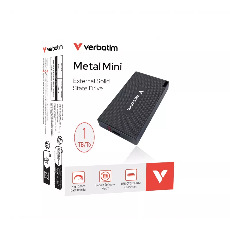 Verbatim Metal Mini SSD USB-C 3.2 Gen 2 1 TB, 1 TB, USB Type-C, USB 3.2 Gen 2x2, 2000 MB/s, 10 Gbit/s, grigio