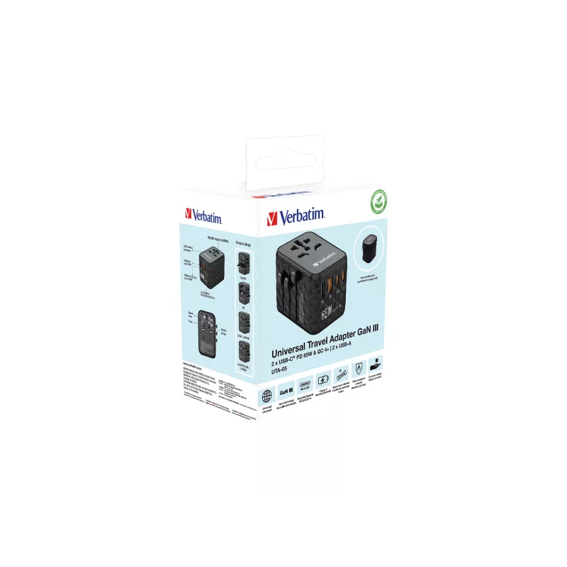 Verbatim UTA-05 65W GaN III adattatore universale da viaggio con 2 x USB-C PD e QC 4+ e 2 x porte USB-A