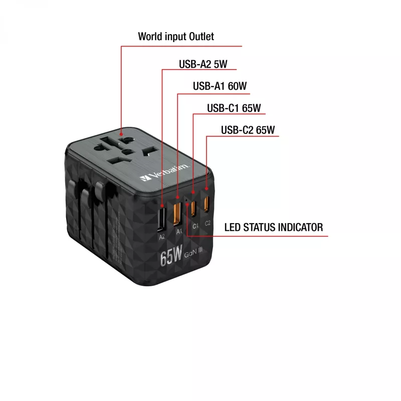 Verbatim UTA-05 65W GaN III adattatore universale da viaggio con 2 x USB-C PD e QC 4+ e 2 x porte USB-A