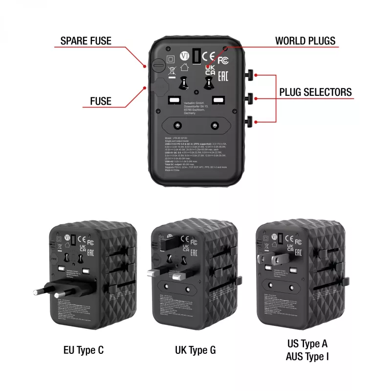 Verbatim UTA-05 65W GaN III adattatore universale da viaggio con 2 x USB-C PD e QC 4+ e 2 x porte USB-A