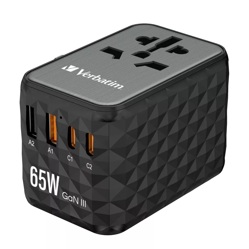 Verbatim UTA-05 65W GaN III adattatore universale da viaggio con 2 x USB-C PD e QC 4+ e 2 x porte USB-A