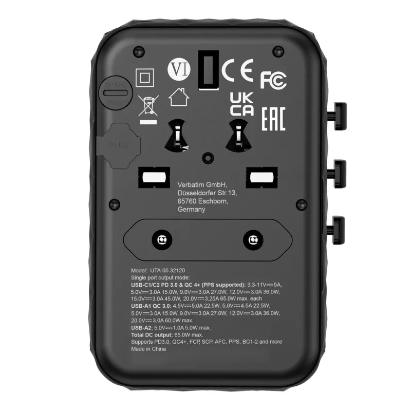 Verbatim UTA-05 65W GaN III adattatore universale da viaggio con 2 x USB-C PD e QC 4+ e 2 x porte USB-A