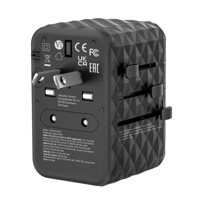 Verbatim UTA-05 65W GaN III adattatore universale da viaggio con 2 x USB-C PD e QC 4+ e 2 x porte USB-A