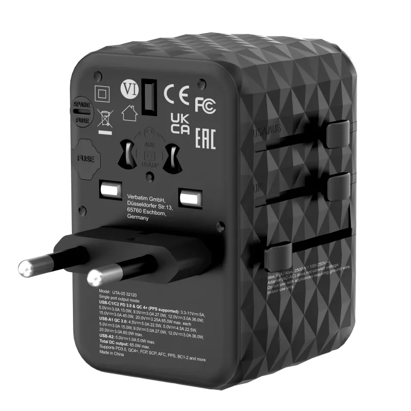 Verbatim UTA-05 65W GaN III adattatore universale da viaggio con 2 x USB-C PD e QC 4+ e 2 x porte USB-A