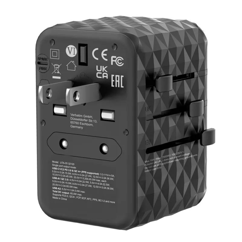 Verbatim UTA-05 65W GaN III adattatore universale da viaggio con 2 x USB-C PD e QC 4+ e 2 x porte USB-A