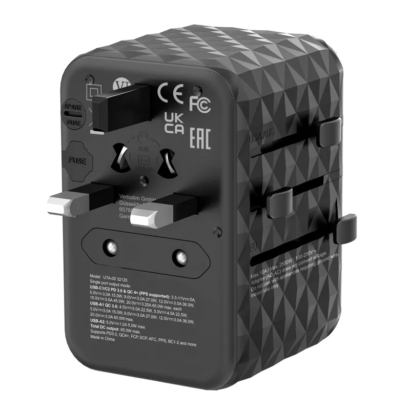 Verbatim UTA-05 65W GaN III adattatore universale da viaggio con 2 x USB-C PD e QC 4+ e 2 x porte USB-A