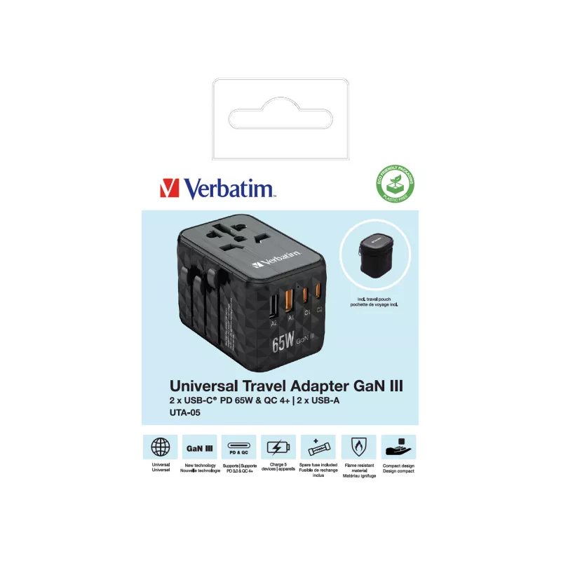 Verbatim UTA-05 65W GaN III adattatore universale da viaggio con 2 x USB-C PD e QC 4+ e 2 x porte USB-A