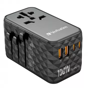 Verbatim UTA-06 100W GaN III adattatore universale da viaggio con 2 x USB-C PD e QC 4+ e 2 x porte USB-A QC 3.0