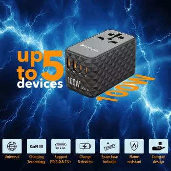 Verbatim UTA-06 100W GaN III adattatore universale da viaggio con 2 x USB-C PD e QC 4+ e 2 x porte USB-A QC 3.0