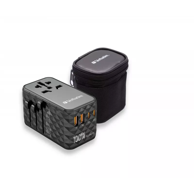 Verbatim UTA-06 100W GaN III adattatore universale da viaggio con 2 x USB-C PD e QC 4+ e 2 x porte USB-A QC 3.0