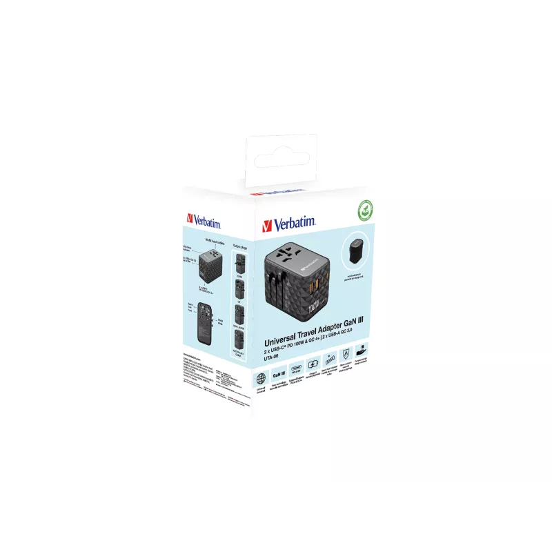Verbatim UTA-06 100W GaN III adattatore universale da viaggio con 2 x USB-C PD e QC 4+ e 2 x porte USB-A QC 3.0