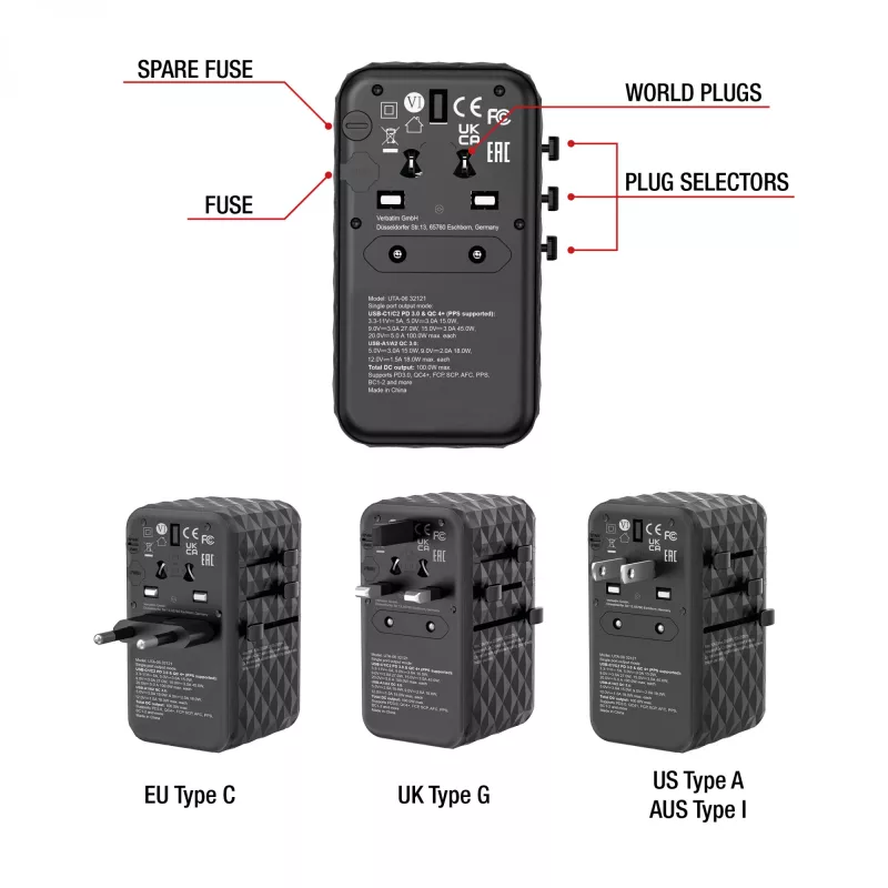 Verbatim UTA-06 100W GaN III adattatore universale da viaggio con 2 x USB-C PD e QC 4+ e 2 x porte USB-A QC 3.0