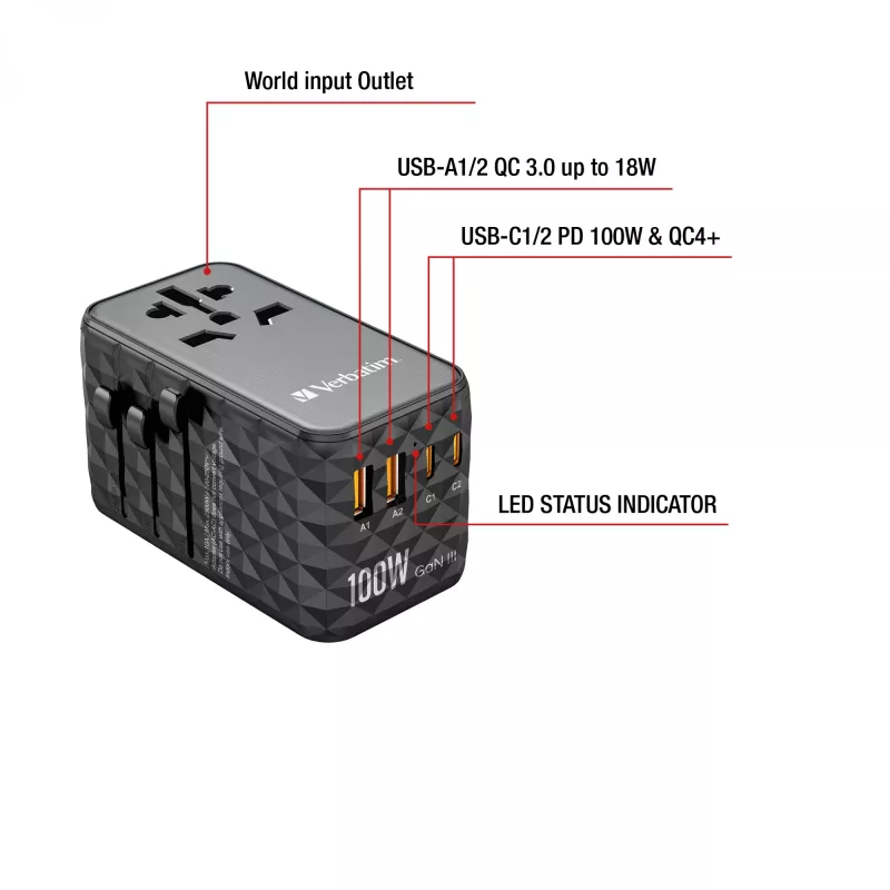 Verbatim UTA-06 100W GaN III adattatore universale da viaggio con 2 x USB-C PD e QC 4+ e 2 x porte USB-A QC 3.0