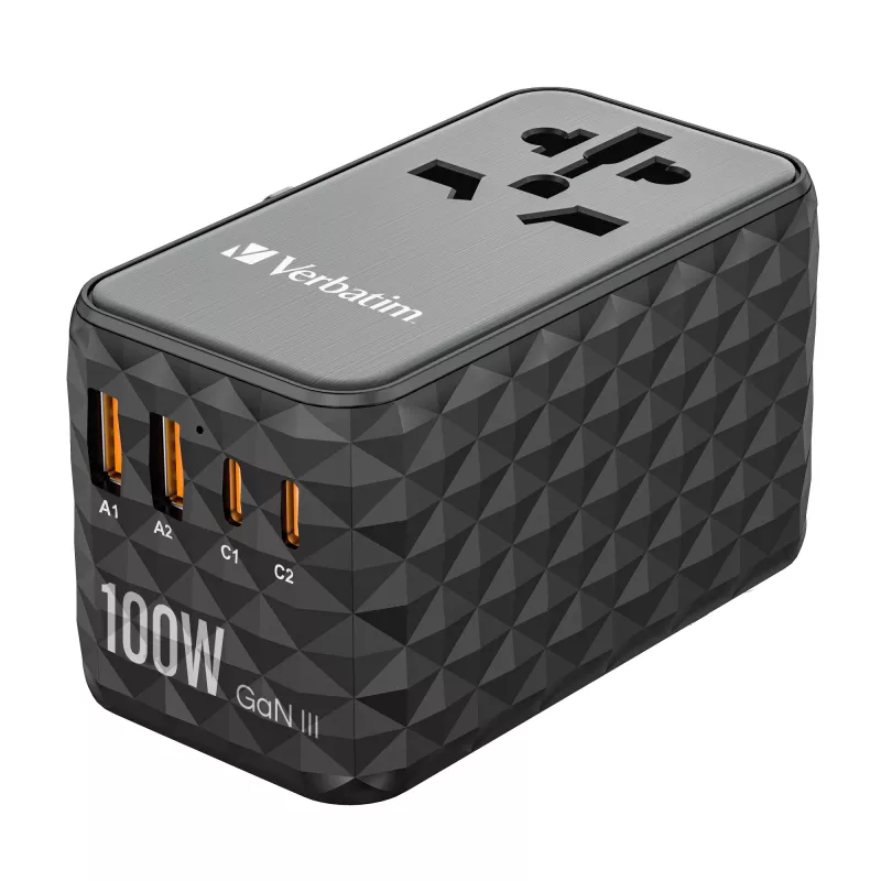 Verbatim UTA-06 100W GaN III adattatore universale da viaggio con 2 x USB-C PD e QC 4+ e 2 x porte USB-A QC 3.0