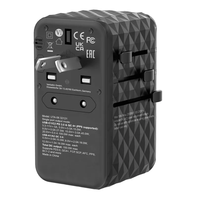 Verbatim UTA-06 100W GaN III adattatore universale da viaggio con 2 x USB-C PD e QC 4+ e 2 x porte USB-A QC 3.0