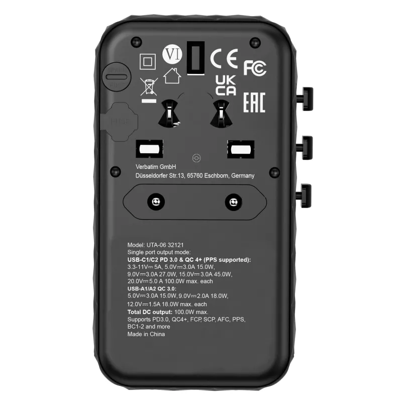 Verbatim UTA-06 100W GaN III adattatore universale da viaggio con 2 x USB-C PD e QC 4+ e 2 x porte USB-A QC 3.0