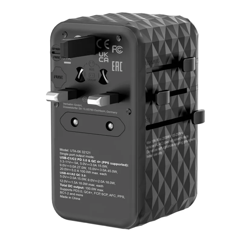 Verbatim UTA-06 100W GaN III adattatore universale da viaggio con 2 x USB-C PD e QC 4+ e 2 x porte USB-A QC 3.0