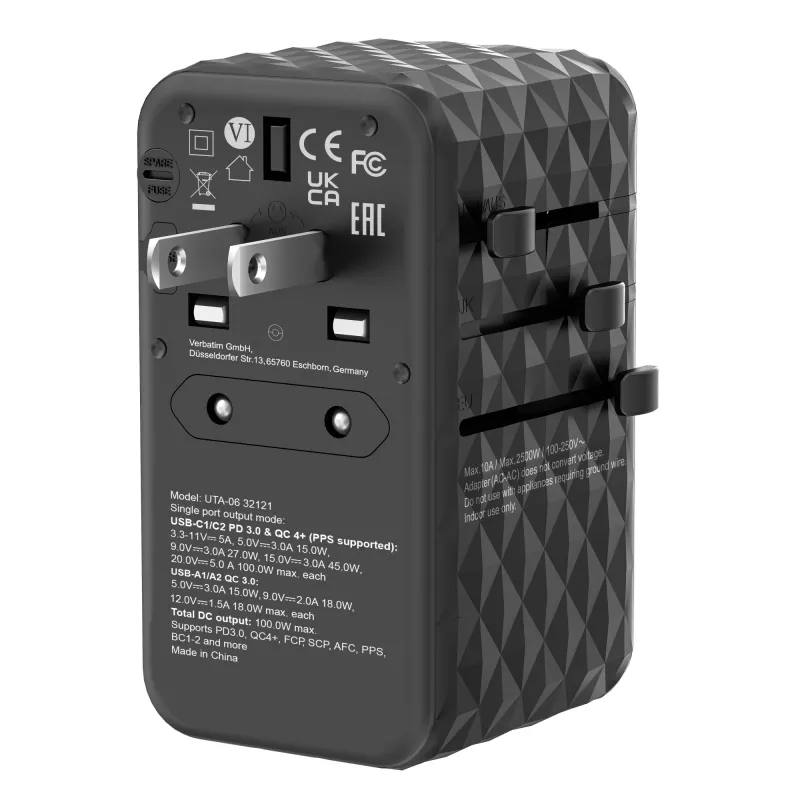 Verbatim UTA-06 100W GaN III adattatore universale da viaggio con 2 x USB-C PD e QC 4+ e 2 x porte USB-A QC 3.0