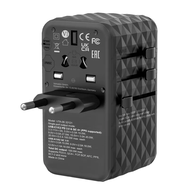 Verbatim UTA-06 100W GaN III adattatore universale da viaggio con 2 x USB-C PD e QC 4+ e 2 x porte USB-A QC 3.0