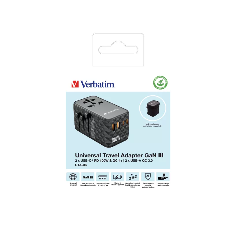 Verbatim UTA-06 100W GaN III adattatore universale da viaggio con 2 x USB-C PD e QC 4+ e 2 x porte USB-A QC 3.0