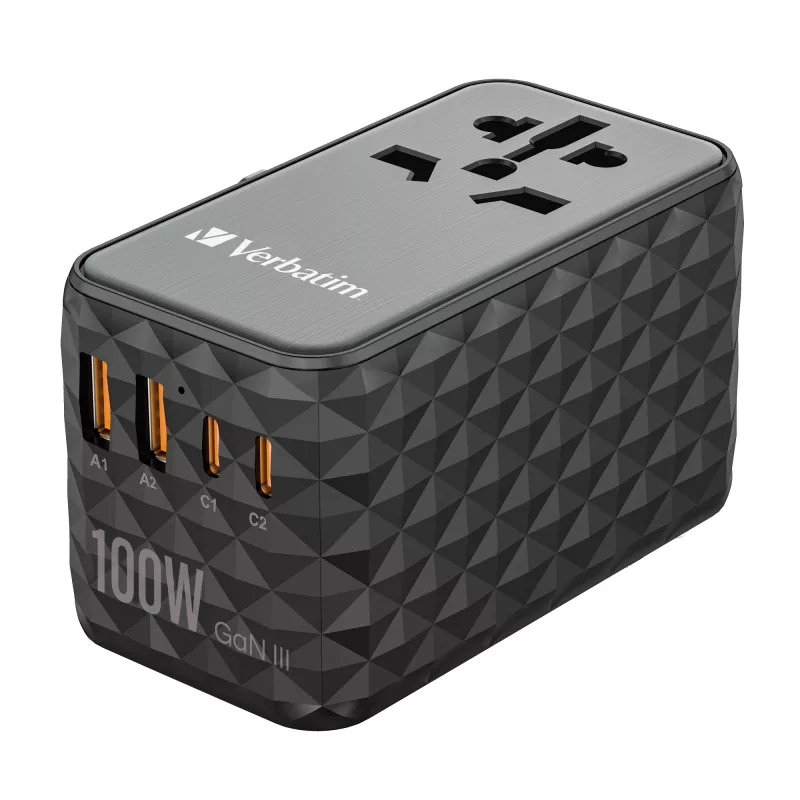 Verbatim UTA-06 100W GaN III adattatore universale da viaggio con 2 x USB-C PD e QC 4+ e 2 x porte USB-A QC 3.0