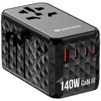 Verbatim UTA-10 140W GaN III adattatore universale da viaggio con 2 x USB-C PD 3.1 e QC 4+, 1 x USB-C PD 3.0 e 1 x porte USB-A QC 3.0