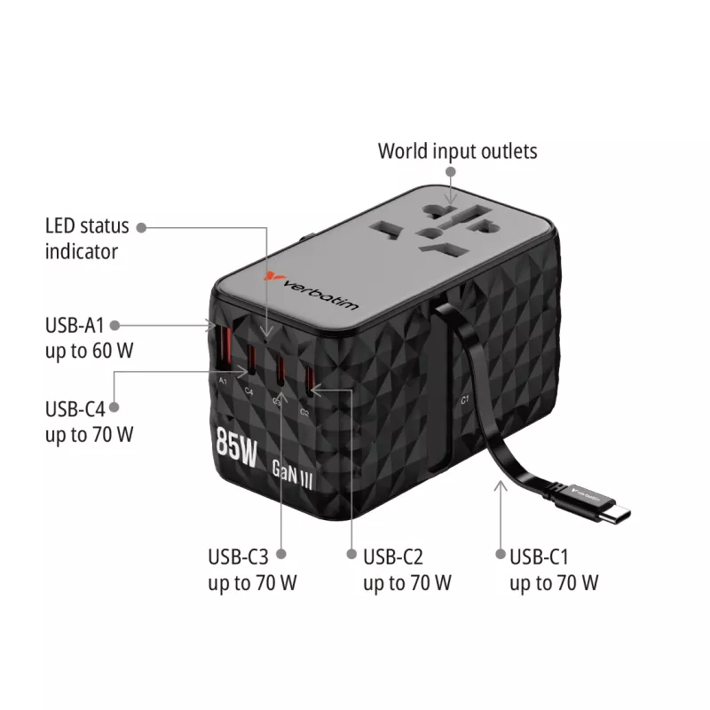Verbatim Charge 'n' Travel Diamond 85W cavo retrattile CNT-02