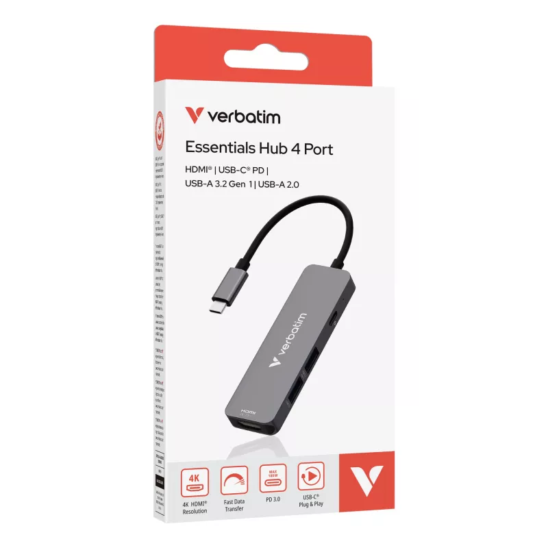 Verbatim USB-C Essentials hub multiporta 4 porte: HDMI, USB-C PD, USB-A 3.2 Gen 1, USB-A