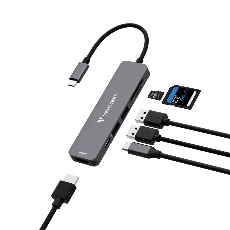 Verbatim USB-C Essentials hub multiporta 6 porte: HDMI, USB-C PD, USB-A 3.2 Gen 1, USB-A, SD e microSD