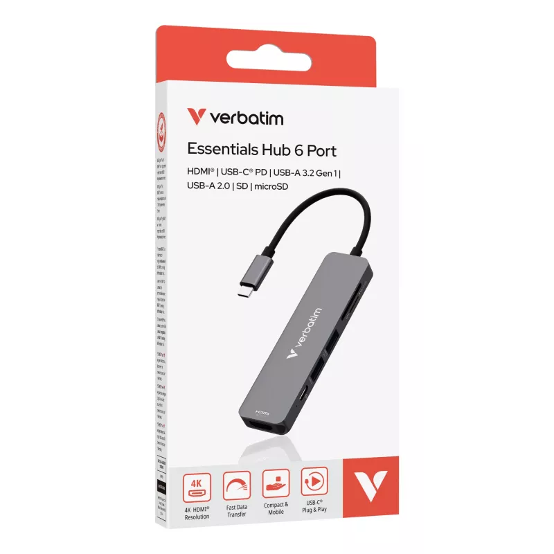 Verbatim USB-C Essentials hub multiporta 6 porte: HDMI, USB-C PD, USB-A 3.2 Gen 1, USB-A, SD e microSD