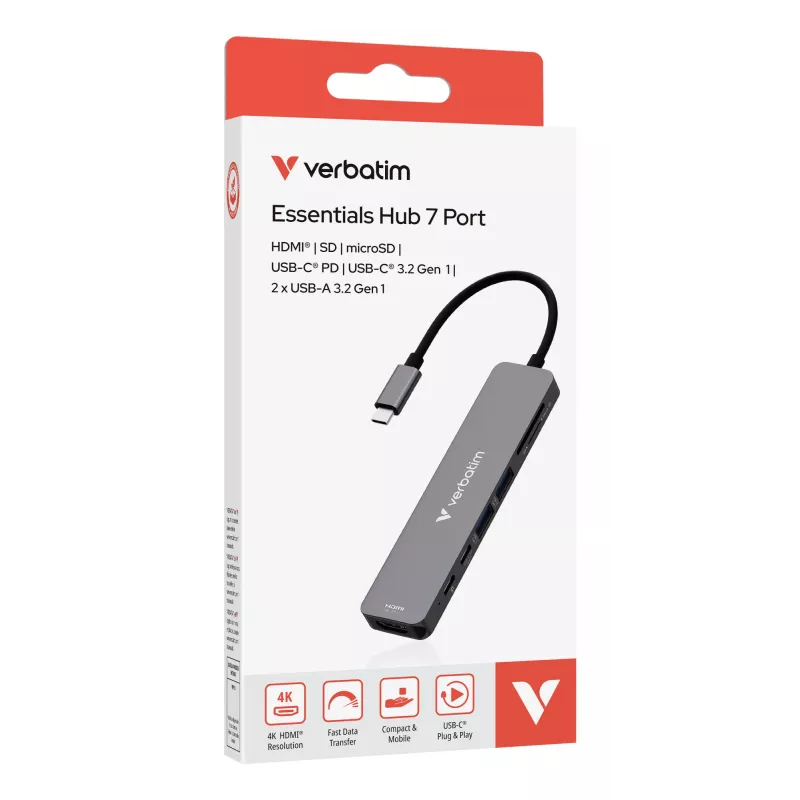 Verbatim USB-C Essentials hub multiporta 7 porte: HDMI, USB-C, USB-C 3.2 Gen 1, 2 x USB-A 3.2 Gen 1, SD e microSD