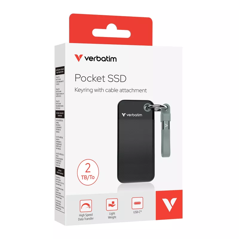 Verbatim Pocket SSD USB 3.2 Gen 2 2TB Nero/Grigio, 2 TB, USB Type-C, 3.2 Gen 2 (3.1 Gen 2), 1000 MB/s, 10 Gbit/s, Nero, Grigio
