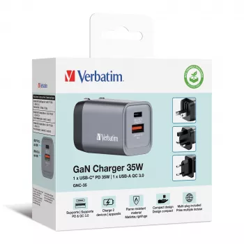 Verbatim GNC-35 Caricabatterie GaN 35W con 1 x USB-C PD 35W / 1 x USB-A QC 3.0 (EU/UK/US)