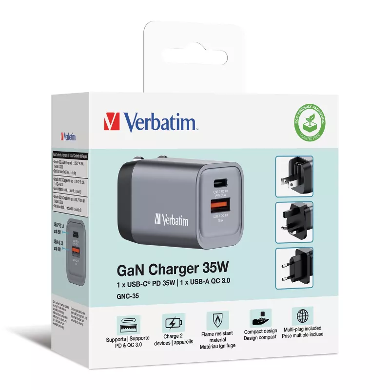Verbatim GNC-35 Caricabatterie GaN 35W con 1 x USB-C PD 35W / 1 x USB-A QC 3.0 (EU/UK/US)