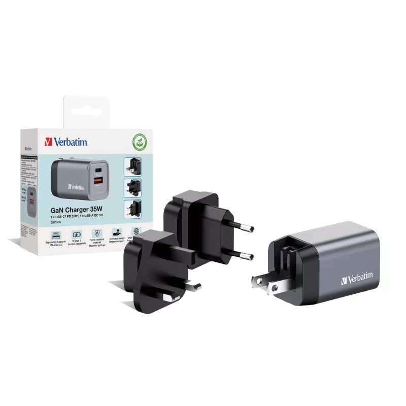 Verbatim GNC-35 Caricabatterie GaN 35W con 1 x USB-C PD 35W / 1 x USB-A QC 3.0 (EU/UK/US)