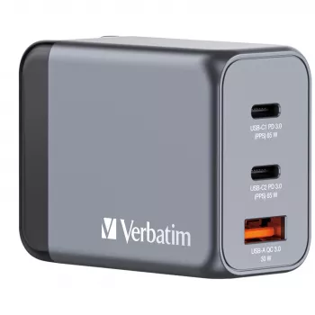 Verbatim GNC-65 Caricabatterie GaN 65W con 2 x USB-C PD 65W / 1 x USB-A QC 3.0 (EU/UK/US)