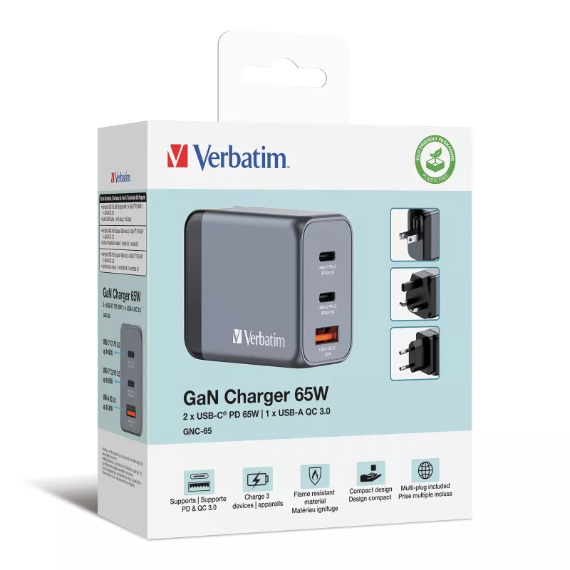 Verbatim GNC-65 Caricabatterie GaN 65W con 2 x USB-C PD 65W / 1 x USB-A QC 3.0 (EU/UK/US)