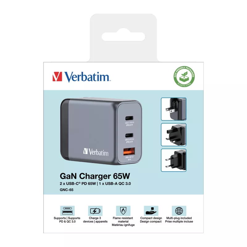 Verbatim GNC-65 Caricabatterie GaN 65W con 2 x USB-C PD 65W / 1 x USB-A QC 3.0 (EU/UK/US)