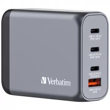 Verbatim GNC-100 Caricabatterie GaN 100W con 2 x USB-C PD 100W / 1 x USB-C PD 65W / 1 x USB-A QC 3.0 (EU/UK/US)