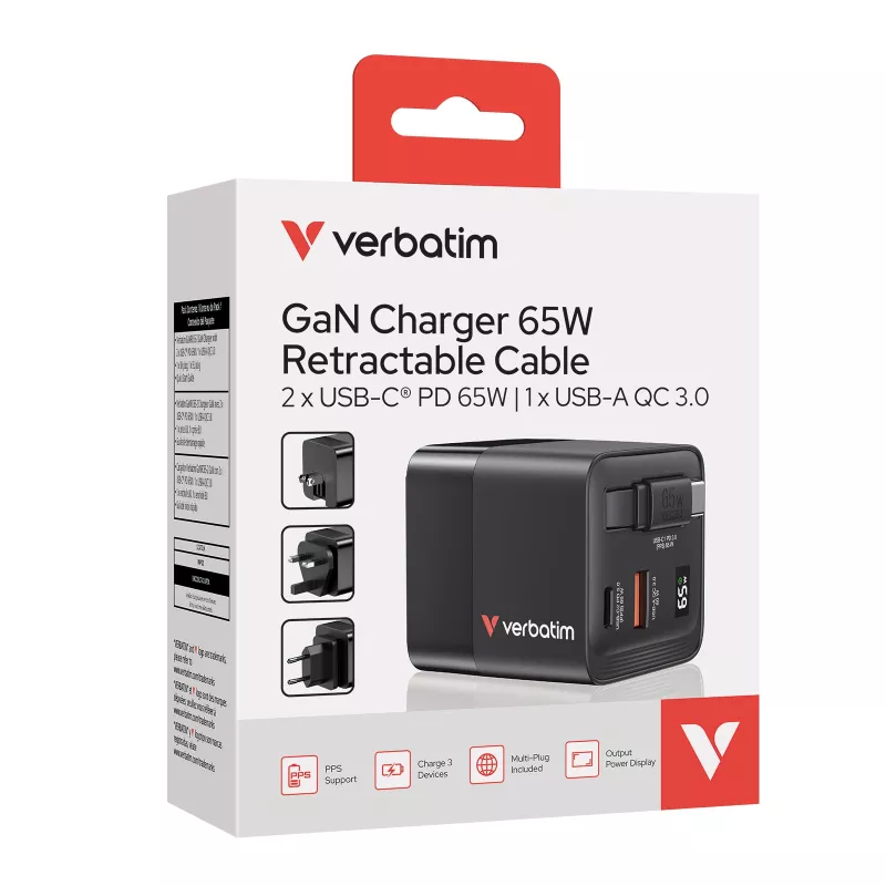 Verbatim Caricabatterie GaN 65 W 2 porte con cavo retrattile, display, spine US e adattatori EU e UK