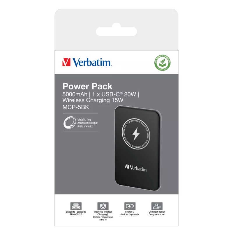 Powerbank VERBATIM Charge 'n' Go 5000 mAh magnetico wireless, Nero