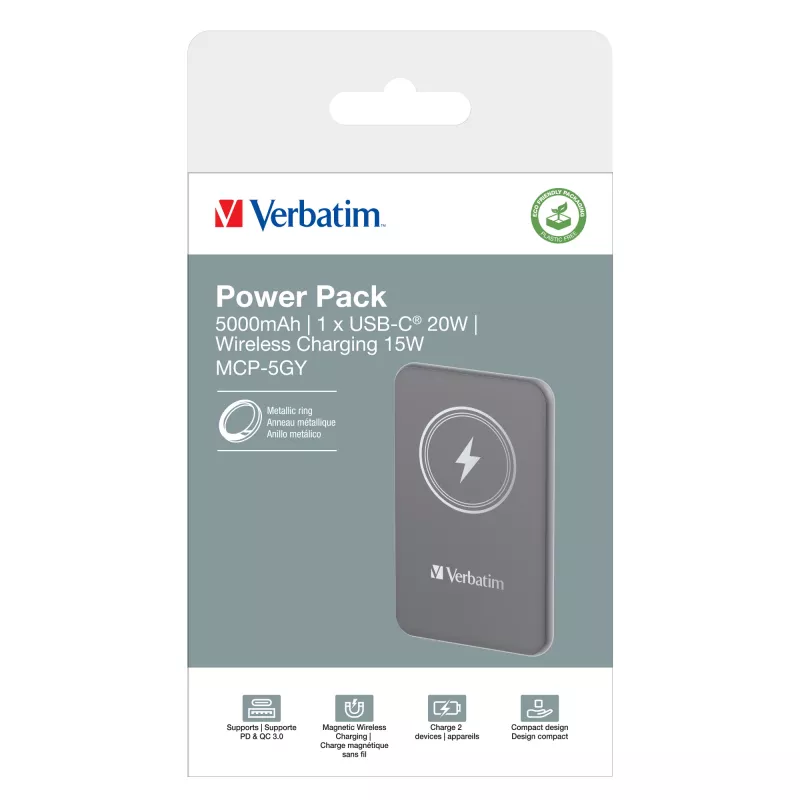 Verbatim Charge 'n' Go Powerbank wireless magnetico 5000mAh Grigio