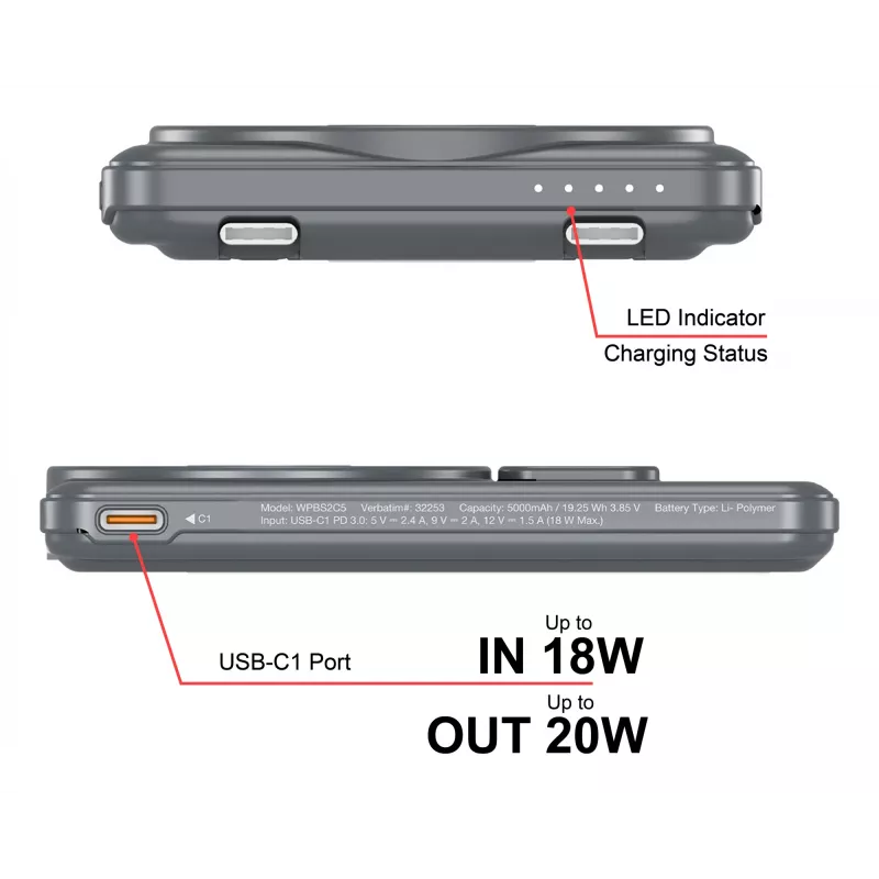 Verbatim Charge'n'Go 2C Powerbank 5000 mAh Grigio