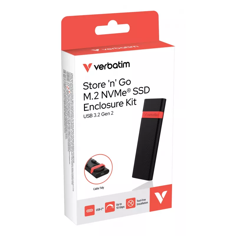 Verbatim Kit case per SSD M.2 NVMe, case per SSD, M.2, PCI Express, 10 Gbit/s, connettività USB, Nero, Rosso