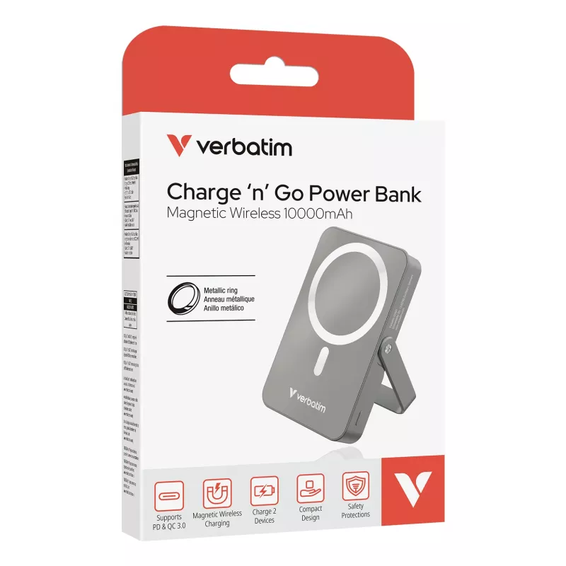 Verbatim Charge 'n' Go Powerbank wireless magnetico con supporto – 10000 mAh Grigio