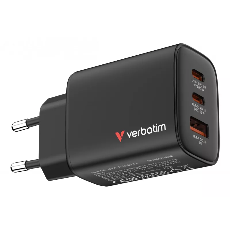 Verbatim Essentials caricabatterie GaN 65W spina EU nero, uso interno, AC, 20 V, nero