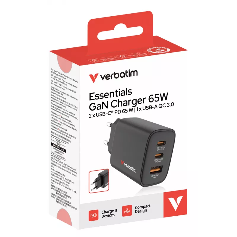 Verbatim Essentials caricabatterie GaN 65W spina EU nero, uso interno, AC, 20 V, nero