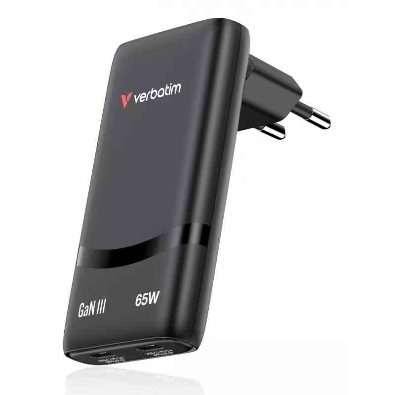 Verbatim Fold 'n' Go caricabatterie GaN 65W spina EU nero, uso interno, AC, 20 V, nero