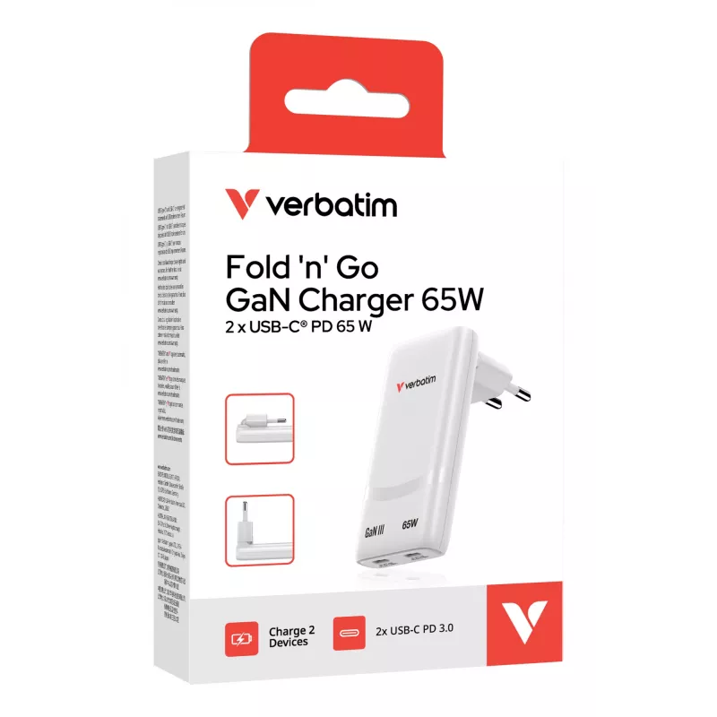 Verbatim Fold 'n' Go caricabatterie GaN 65W spina EU bianco