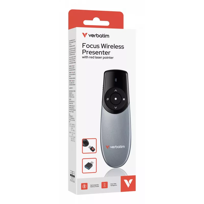 Verbatim Focus presentatore wireless con puntatore laser rosso, RF, USB, 30 m, nero, argento